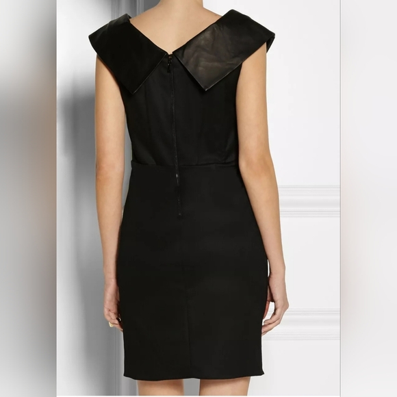 Alice + olivia Shayna Leather Trim Shawl Collar Faux Wrap Black Dress - Picture 11 of 15